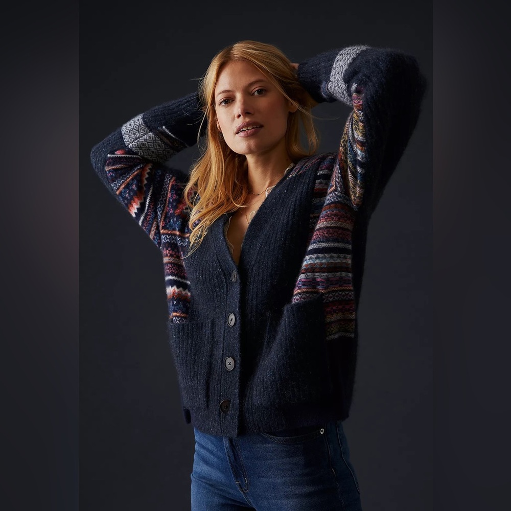 Anthropologie cashmere navy and pink/multi cardigan sweater.